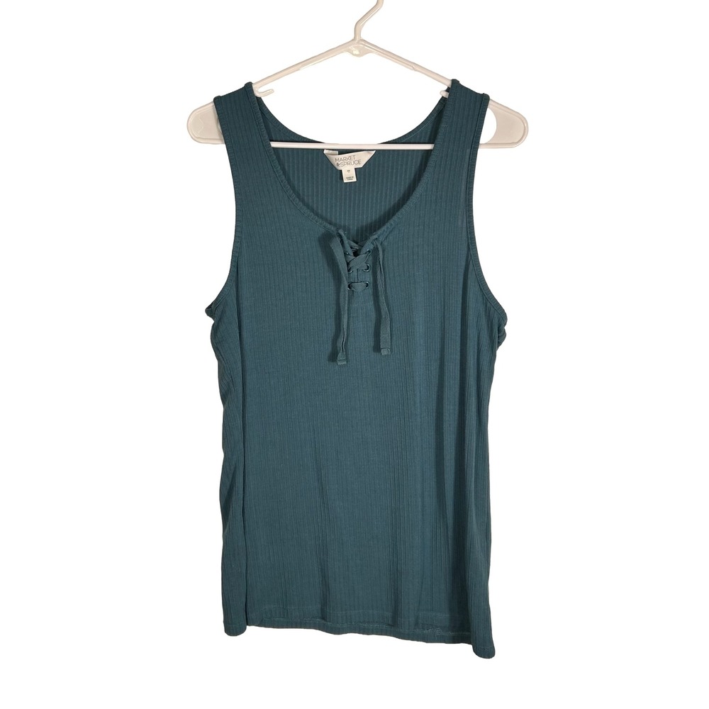 Market & Spruce Womens XXL Teal Blue Ribbed Lace Up V-Neck Tank Top WGK10851